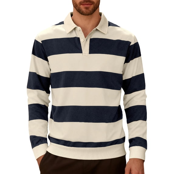 Cmfcve Classic Rugby Shirt for Men Casual Long Sleeve Shirts Collar Striped Fall Lightweight Pullover Tops