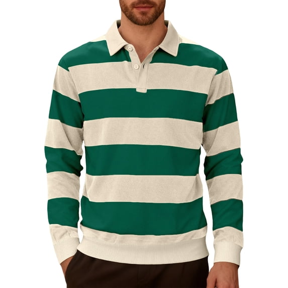 Cmfcve Classic Rugby Shirt for Men Casual Long Sleeve Shirts Collar Striped Fall Lightweight Pullover Tops