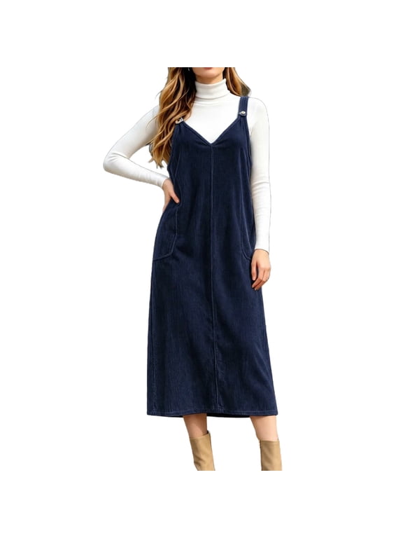 Corduroy Pinafore Dress for Women V Neck Sleeveless Jumper Dress Layered Casual Fall Dress
