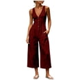 thumbnail image 1 of Cmfcve Cotton Blend Jumpsuits for Women Sleeveless Half Button Up Wide Leg Pants V Neck Loose Casual Capri Pants with Pockets, 1 of 7