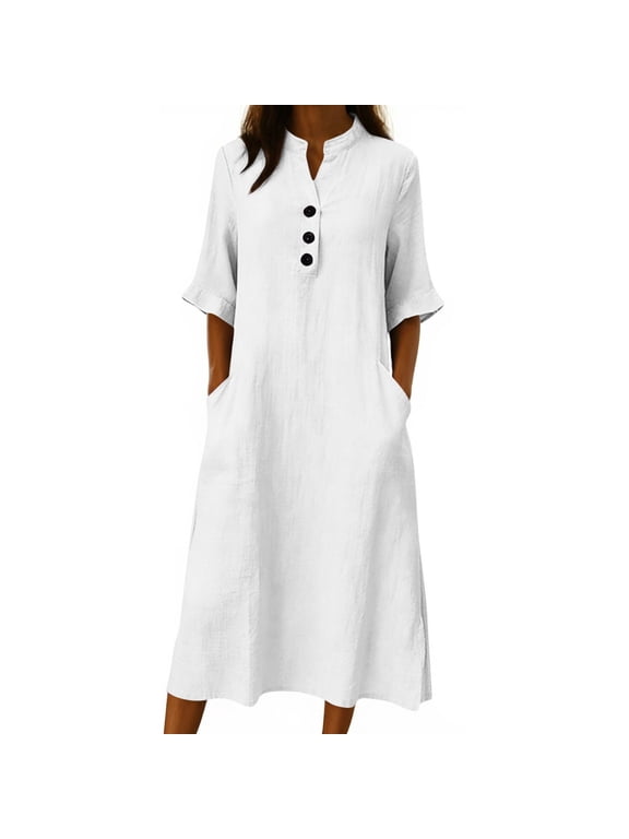 Cotton Gauze Dresses for Women Casual Summer Maxi Dress with Sleeves Trendy V Neck Button Down Loose Fit Dress with Pockets