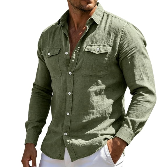 Cmfcve Cotton Linen Shirts for Mens Long Sleeve Button Down Shirt Wrinkle Free Casual Regular Fit Dress Shirt with Pocket