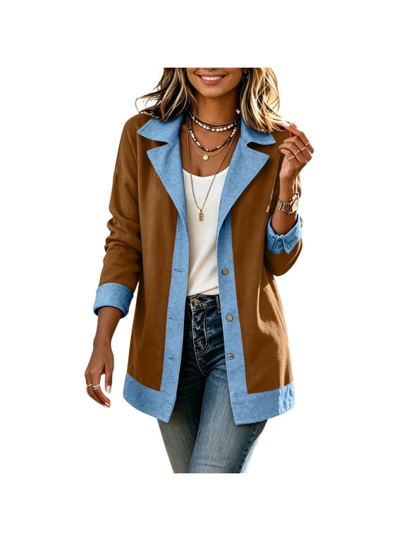 Denim Blazer for Women Patchwork Collared Loose Button Down Jacket Workout Long Sleeve Casual Shirts
