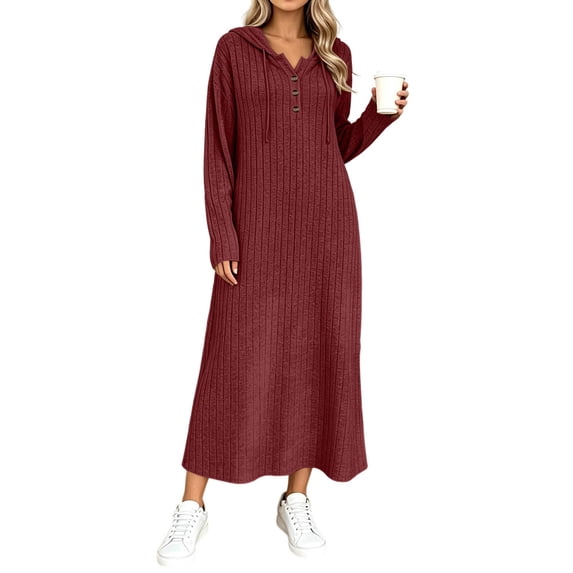 Cmfcve Drawstring Hooded Maxi Sweater Dress for Women Casual Long Sleeve Henley Neck Long Dress