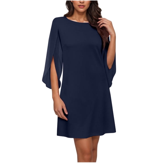 Cmfcve Dresses for Women 3/4 Chiffon Sleeves Split Short Dress Crew Neck Cocktail Party Wedding Guest Trendy Mini Dress