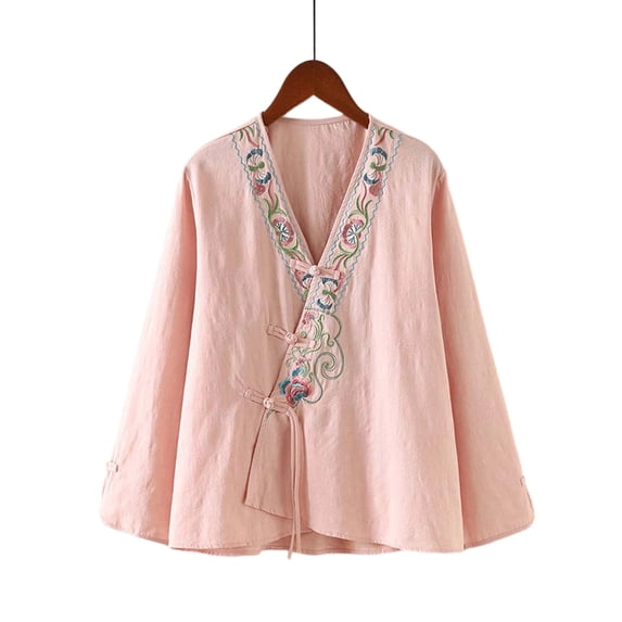 Cmfcve Floral Embroidered Blouse for Women Chinese Style Long Sleeve Mandarin Shirts Collar Frog Button Cheongsam Top Casual Cotton Linen Summer Clothing