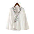 thumbnail image 1 of Cmfcve Floral Embroidered Blouse for Women Chinese Style Long Sleeve Mandarin Shirts Collar Frog Button Cheongsam Top Casual Cotton Linen Summer Clothing, 1 of 6