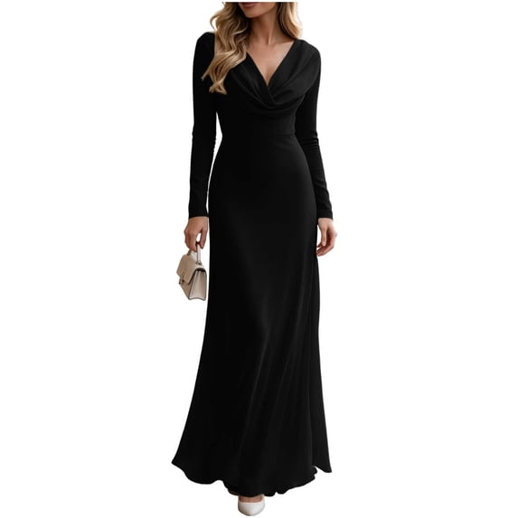 Cmfcve Formal Dress for Women Draped Cowl Neck Maxi Cocktail Dress Elegant Long Sleeve Slim Fit Dresses