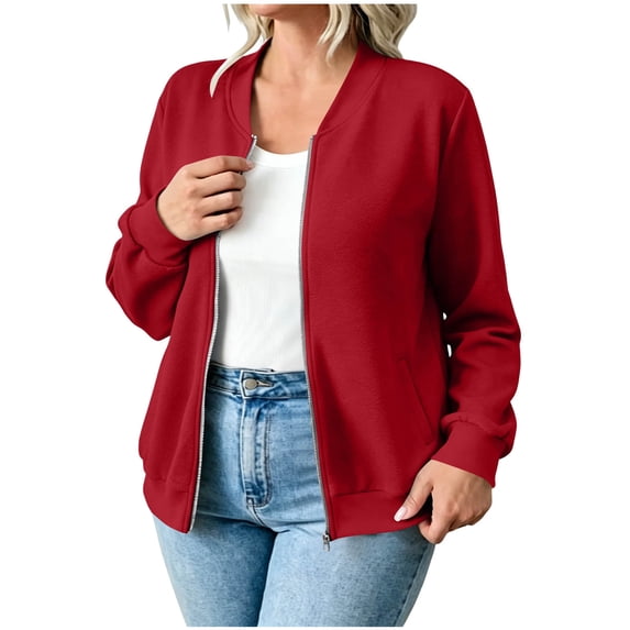 Cmfcve Full Zip Bomber Jacket for Women Long Sleeve Ribbed Cuffs Stand Collar Casual Outerwear Fashion Fall Cardigan Jackets