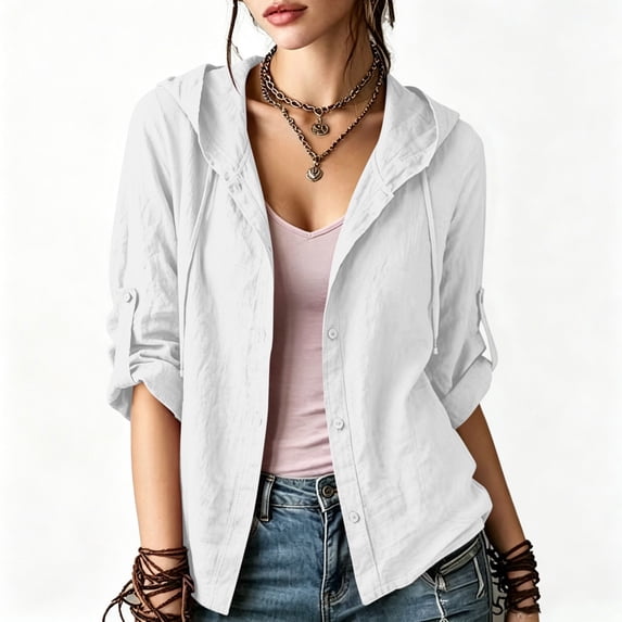 Cmfcve Gauze Hoodie Shirts for Women Sun Protection Beach Cover Ups Lightweight Long Sleeve Button Down Blouses