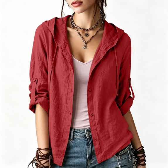 Cmfcve Gauze Hoodie Shirts for Women Sun Protection Beach Cover Ups Lightweight Long Sleeve Button Down Blouses