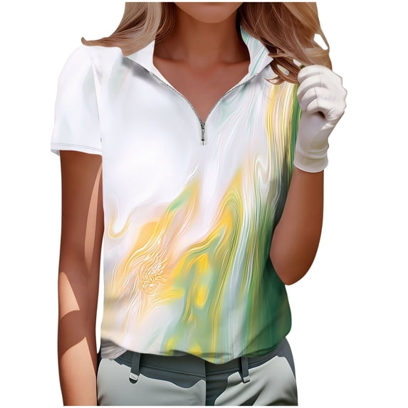 Cmfcve Golf Shirt for Women 1/4 Zip Short Sleeve Quick Dry Workout Tops Printed Pullover Summer T Shirt