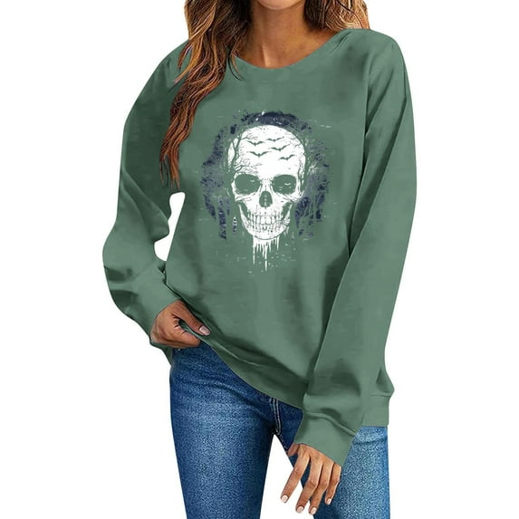Cmfcve Halloween Shirts for Women Vintage Skeleton Graphic Sweatshirt Crew Neck Long Sleeve Pullover Undershirts