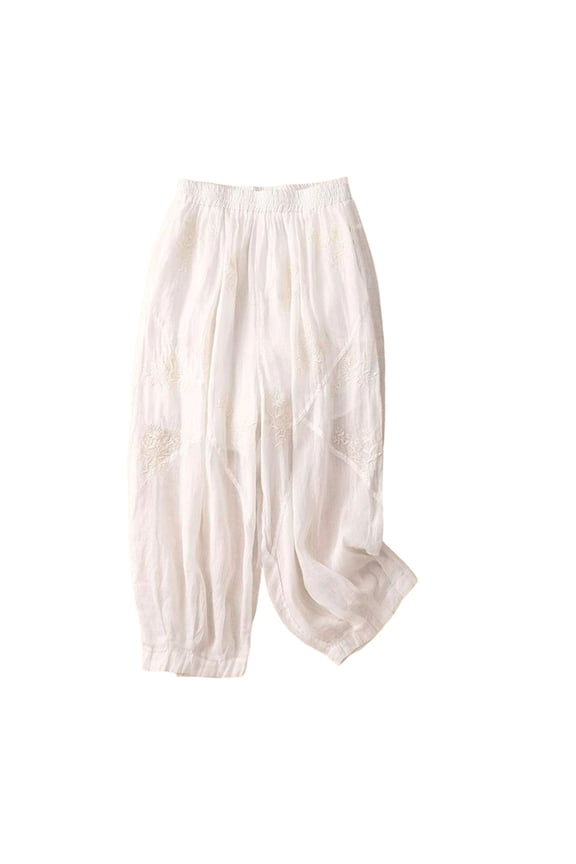 Harem Pants for Women Summer Elastic Waist Embroidered Linen Blend Pants Loose Fit Lightweight Casual Trousers
