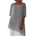 thumbnail image 1 of Cmfcve Henley Blouse for Women Plus Size Short Sleeve Cotton Linen Tops Round Neck Irregular Hem Gauze T-Shirt, 1 of 6
