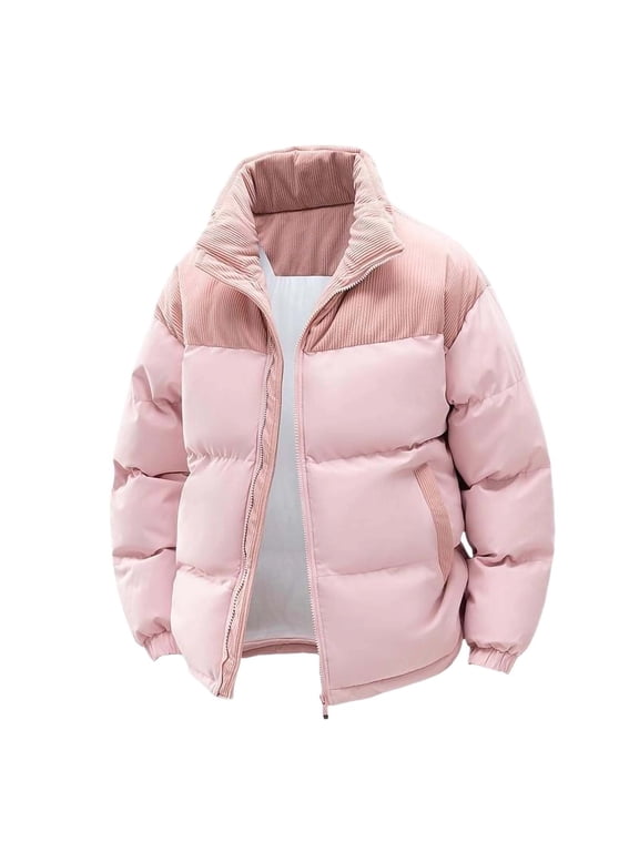 Hooded Puffer Jacket for Men Short Casual Warm Winter Coat Corduroy Patchwork Zip up Quilted Outerwear
