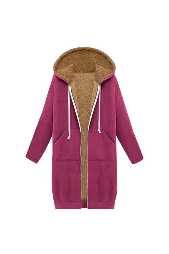 Hoodies Jacket for Women Oversized Fleece Zip Up Knee Length Tunic Coat Long Sleeve Drawstring Comfy Cardigan with Pocket