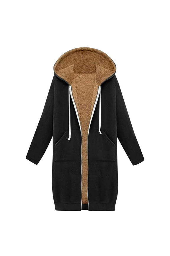 Hoodies Jacket for Women Oversized Fleece Zip Up Knee Length Tunic Coat Long Sleeve Drawstring Comfy Cardigan with Pocket