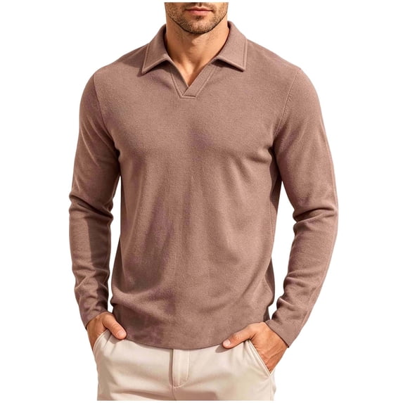 Cmfcve Johnny Collar Knit Shirts for Men Dralon Fleece Long Sleeve Pullover Tops Fall Casual Business Layering Shirts