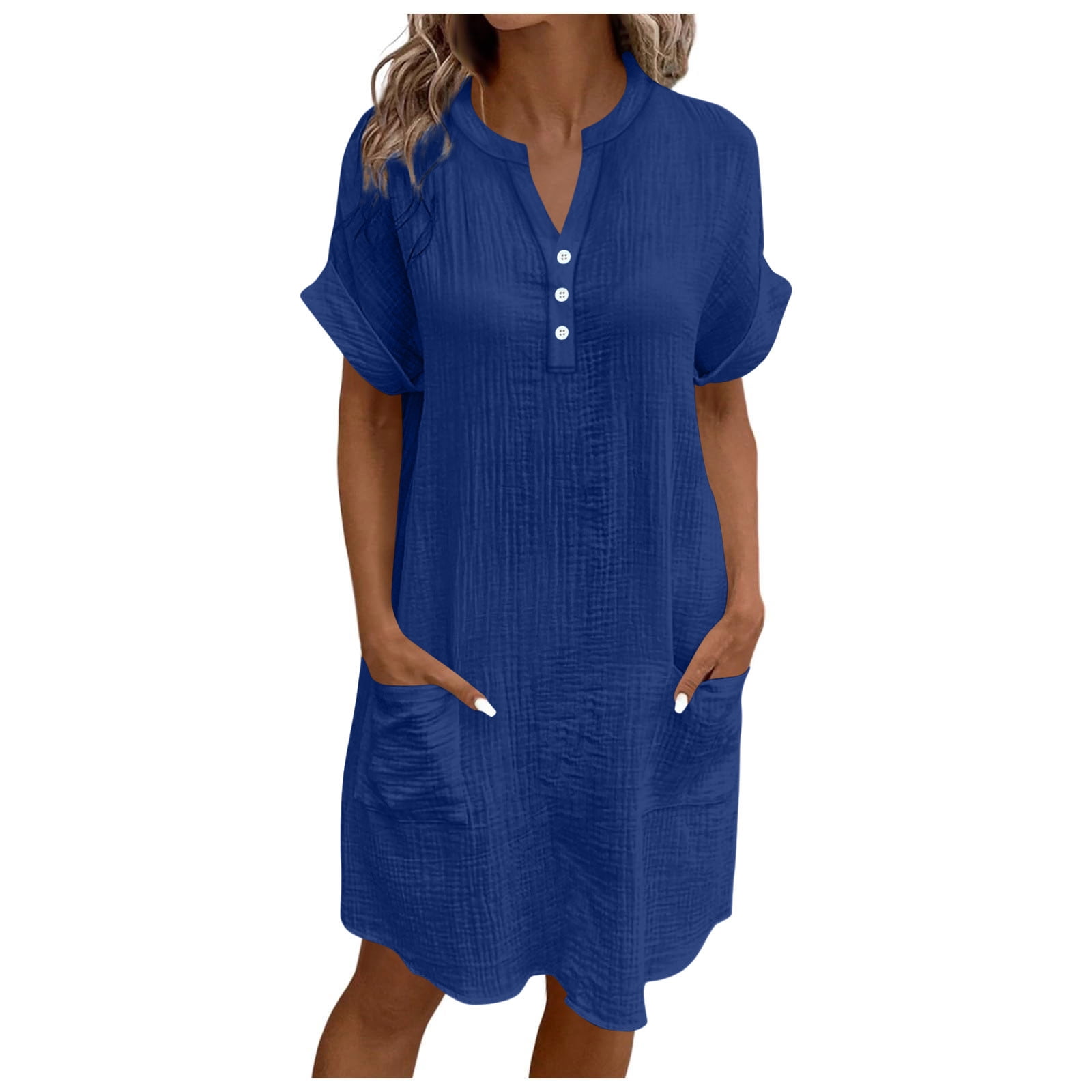 Cmfcve Linen Dress for Women 2026 Crinkle Gauze Short Sleeve V Neck ...