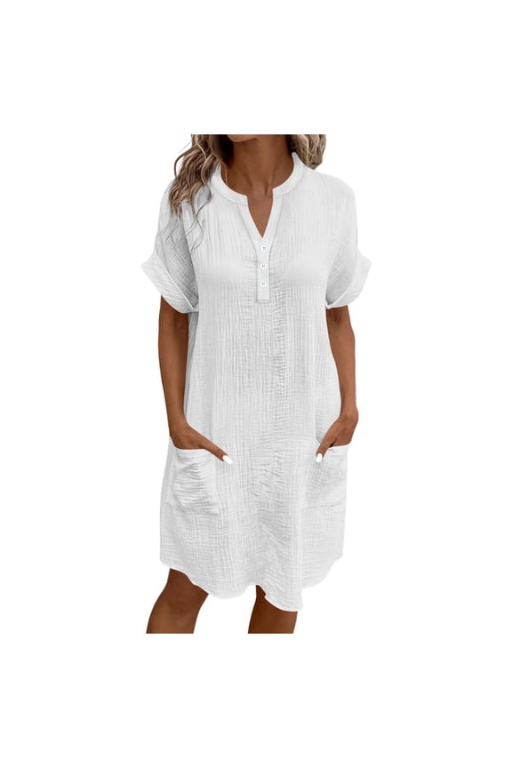 Linen Dress for Women 2026 Crinkle Gauze Short Sleeve V Neck Button Shirt Dress Casual Loose Fit Vacation Tunic Dress