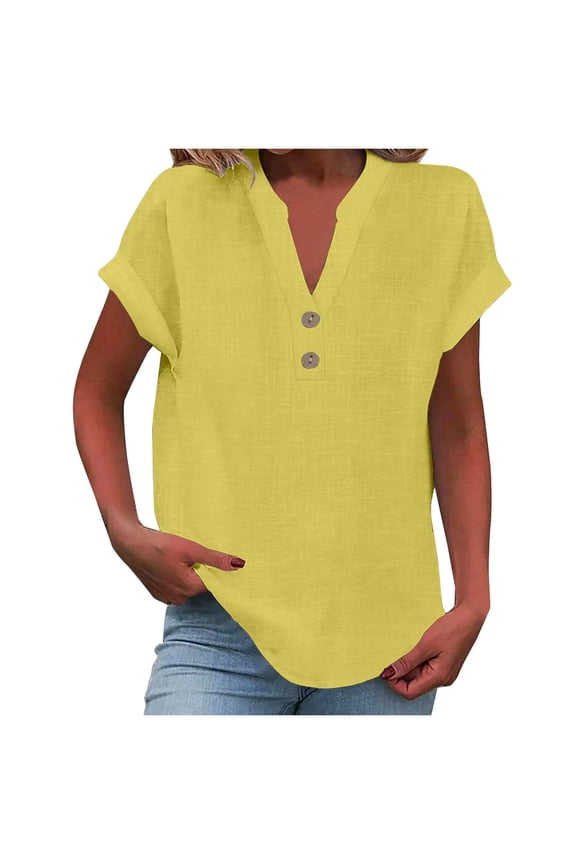 Linen Shirt for Women Summer Button Down Short Sleeve V Neck Tops Solid Color Comfy Blouses Casual Dressy Tunic Top