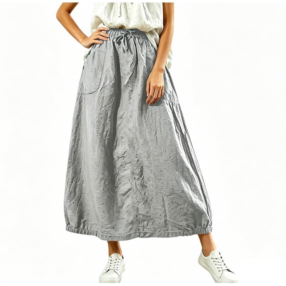 Cmfcve Long Gauze Skirts for Women Ankle-Length Cotton Linen A-Line Skirt Elastic Drawstring Waist Oversized Maxi Skirt