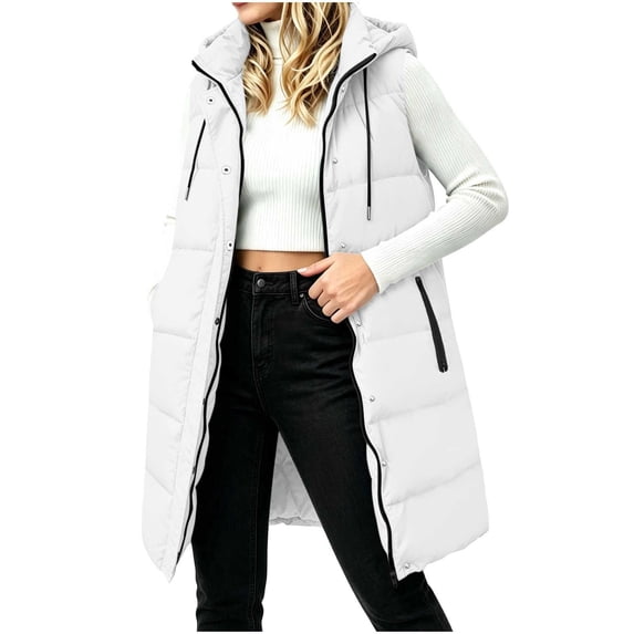 Cmfcve Long Puffer Vest for Women Sleeveless Quilted Hooded Vest Winter Warm Casual Padded Coat Jackets with Pockets