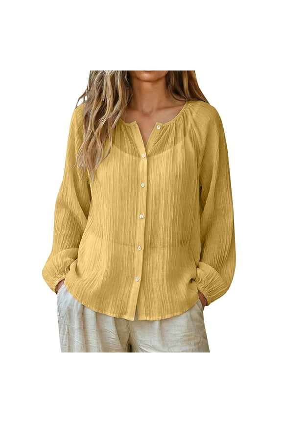 Long Sleeve Gauze Shirts for Women Collar Button Down Shirts Summer Sheer Mesh Beach Cover Up Tops