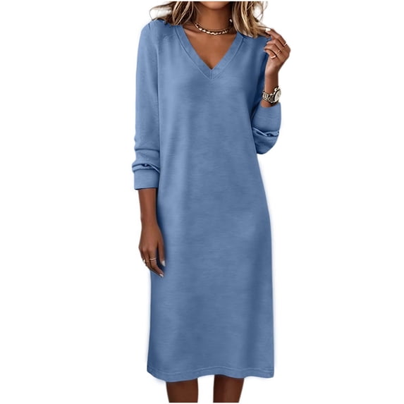 Cmfcve Long Sleeve Midi Dress for Women Spring Fall Casual V Neck T-Shirt Dress Solid Lounge Long Dresses