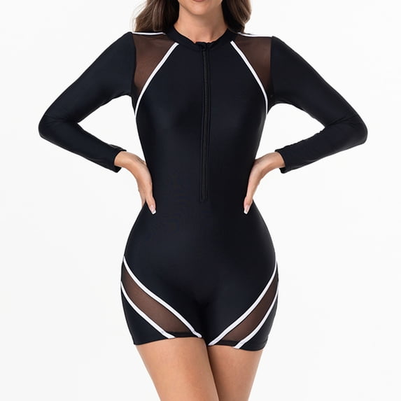 Cmfcve Long Sleeve Rash Guard for Women One Piece Boyleg Swimsuit Zipper Surfing Bathing Suit