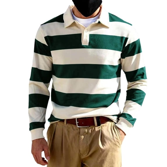 Cmfcve Long Sleeve Rugby Shirts for Men Classic Stripe Collar Henley Shirts Lightweight Fall Pullover Layering Tops