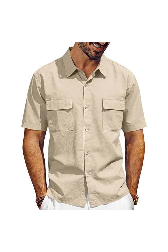 Loose Fit Midweight Shirt for Men Button Down Short Sleeve Shirt Work Shirts with Two Pockets