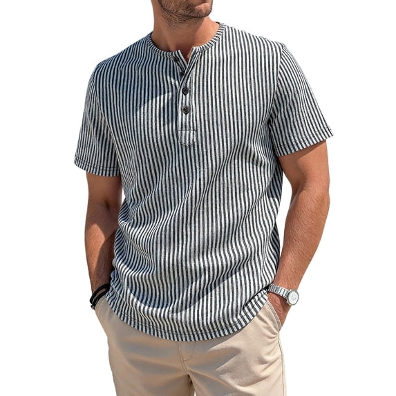 Cmfcve Men Casual Henley Striped Tee Shirt Short Sleeve Band Collar Textured Summer Tops Lightweight Breathable Crew Neck Beach Vacation T Shirts