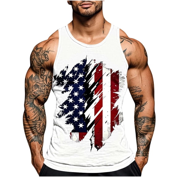 Cmfcve Men's 4th of July Tank Top Round Neck Sleeveless Patriotic Tank Shirt Breathable Loose Sports Tees