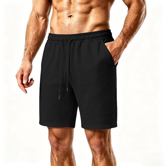 Cmfcve Men's Casual Textured Knit Elastic Waist Drawstring Shorts Lightweight Breathable Summer Shorts with Side Pockets