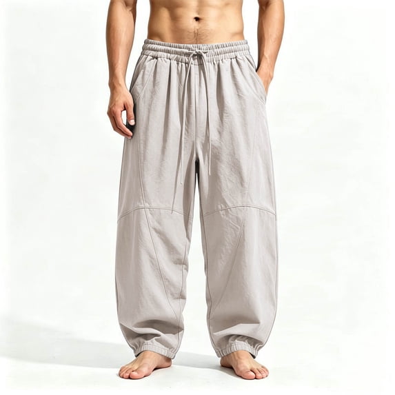 Cmfcve Men's Cotton Linen Drawstring Harem Pants Plus Size Casual Elastic Waist Lightweight Trouser Hippie Summer Beach Pants
