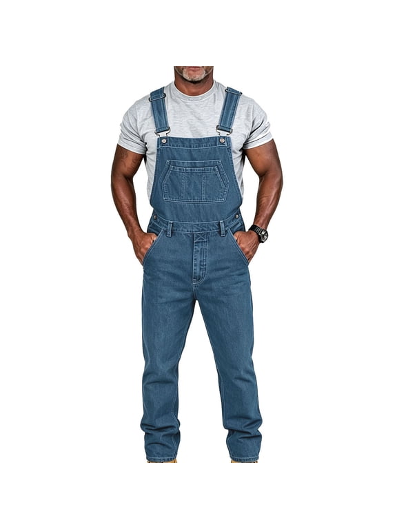 Men's Denim Bib Overalls Adjustable Shoulder Straps Jeans Pants Relaxed Fit Casual Wide Leg Denim Jumpsuit