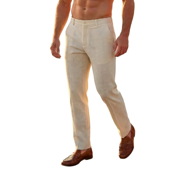 Cmfcve Men's Dress Pants Waffle Straight Fit Flat Front Trousers Business Casual Pants