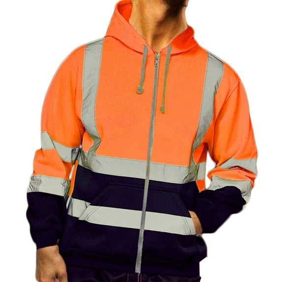 Cmfcve Men's Hi Vis Safety Jacket Long Sleeve Reflective Strips Sanitation Work Coat Big & Tall Color Block Zipper Hooded Sweatshirt