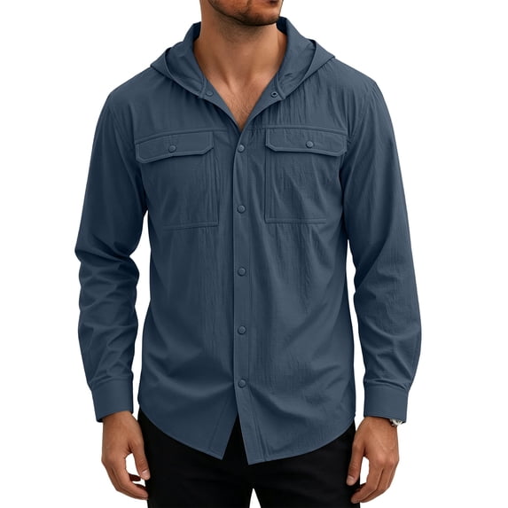 Cmfcve Men's Hooded Shirts Quick Dry Long Sleeve Button Down Hiking Fishing Shirt Sun Protection Quick Dry Outdoor Tops with Pockets