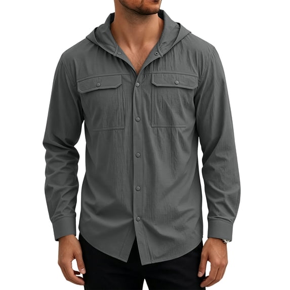 Cmfcve Men's Hooded Shirts Quick Dry Long Sleeve Button Down Hiking Fishing Shirt Sun Protection Quick Dry Outdoor Tops with Pockets