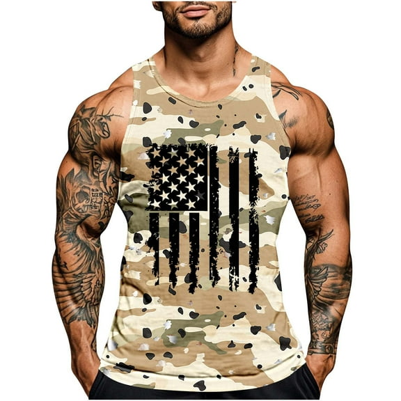 Cmfcve Men's Independence Day Tank Top Sleeveless Crew Neck Fitness Undershirt Patriotic Printed Flag Vest