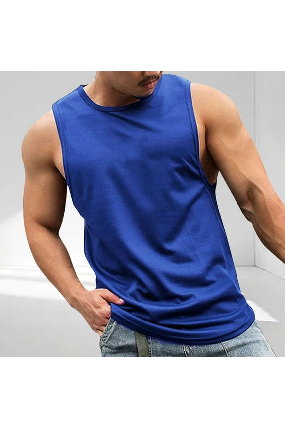 Men's Muscle Shirt Blue Sleeveless Compression Athletic T-Shirt Quick Dry Silky Workout Gym Tank Top Running Football Training Tee Undershirt