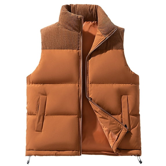 Cmfcve Men's Oversized Padded Vest Corduroy Patchwork Sleeveless Stand Collar Cardigan Jacket Big &Tall Zipper Solid Color Coat with Pockets