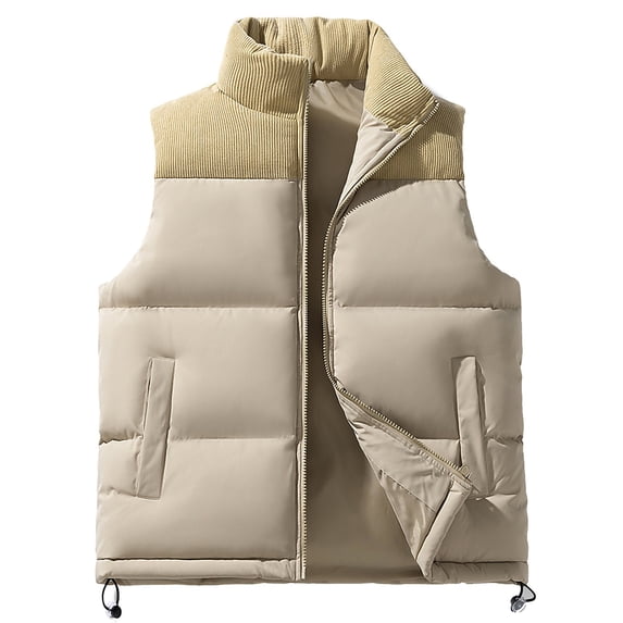 Cmfcve Men's Padded Vest Loose Fit Sleeveless Stand Collar Cardigan Jacket Big &Tall Zipper Solid Color Coat with Pockets