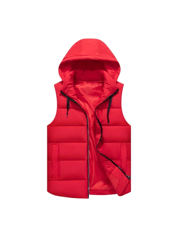Men's Plus Size Outerwear Vest Solid Color Sleeveless Puffer Jacket Cardigan Detachable Hood Zip-Up Warm Padded Coat
