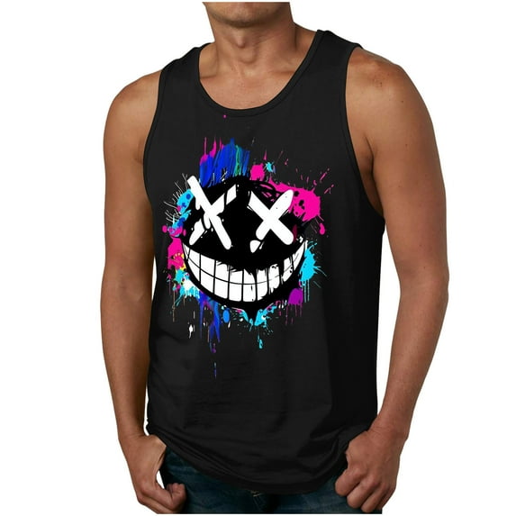 Cmfcve Men's Plus Size Tank Top Printed Round Neck Sleeveless Tees Summer Breathable Gym Tank Top