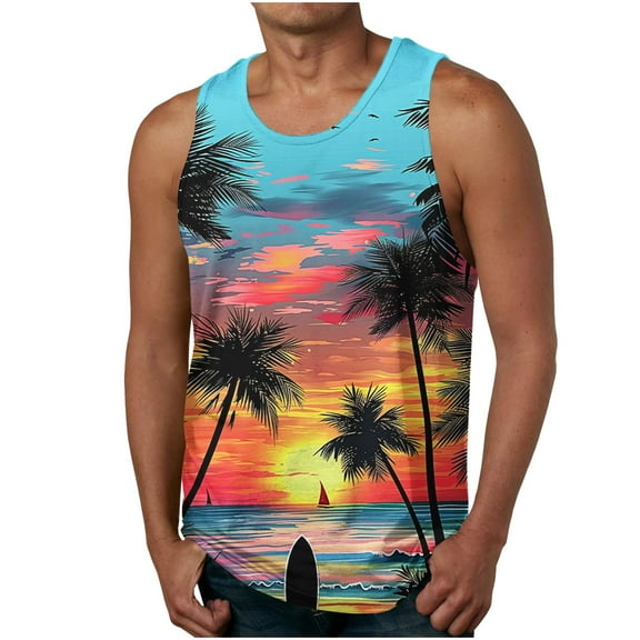 Cmfcve Men's Plus Size Tank Top Summer Breathable Hawaiian Tank Top Round Neck Sleeveless Gym Tees