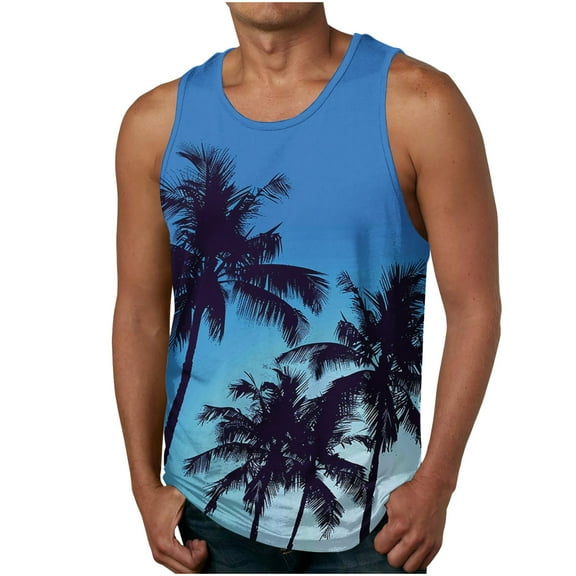 Cmfcve Men's Plus Size Tank Top Summer Breathable Hawaiian Tank Top Round Neck Sleeveless Gym Tees